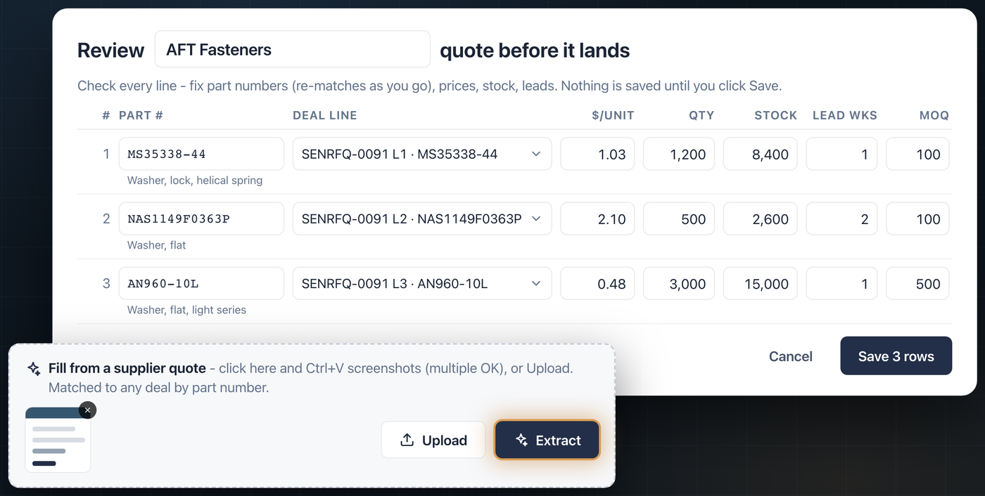 A pasted supplier quote parsed into reviewable rows