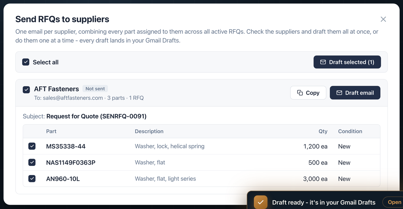 RFQ emails drafted per supplier with parts combined across RFQs