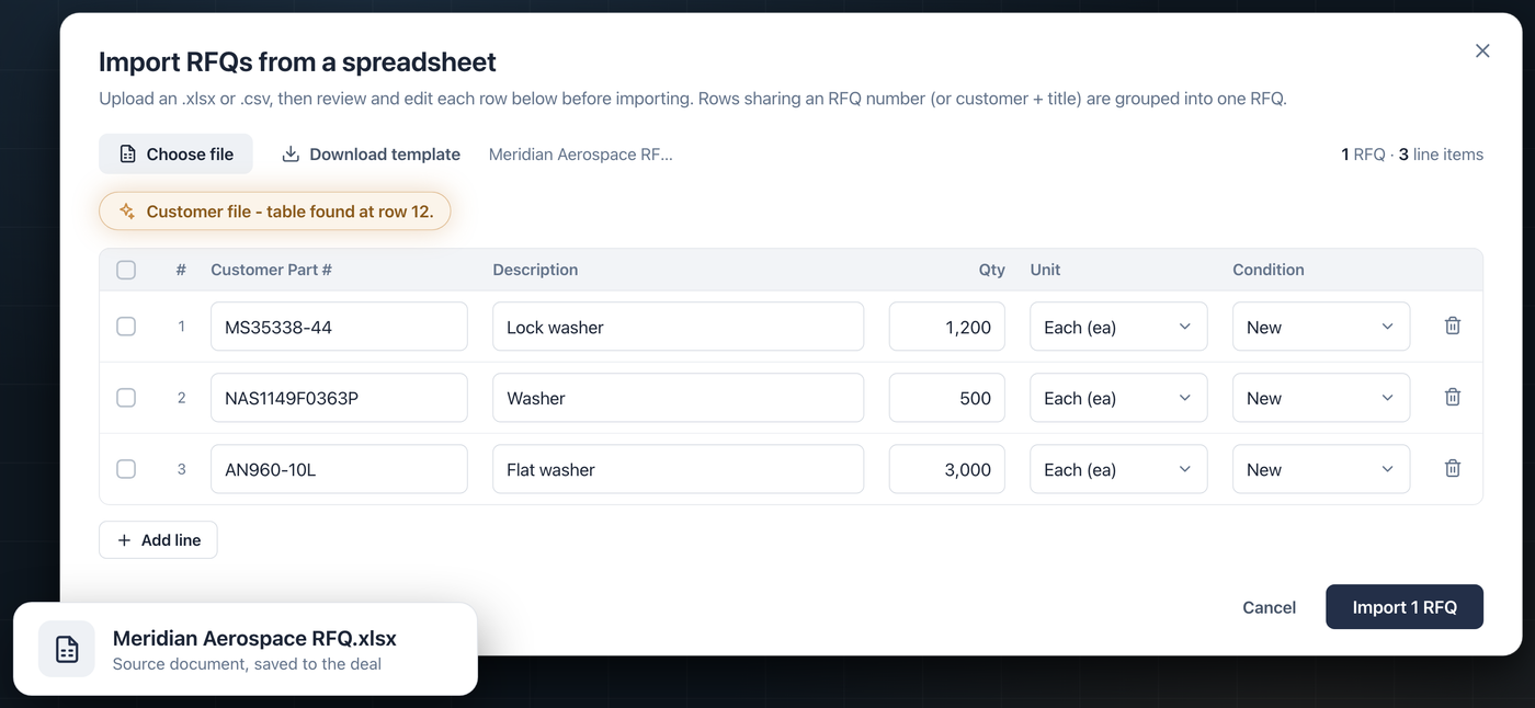 Importing a customer RFQ spreadsheet: lines found and editable before import