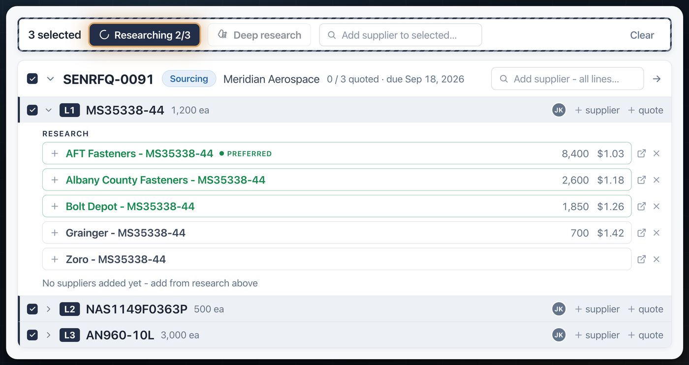 Per-line supplier research with stock counts and prices